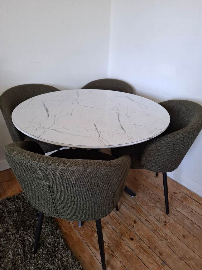 Faux Marble Dining Table with Chenille Chairs - As Good As New