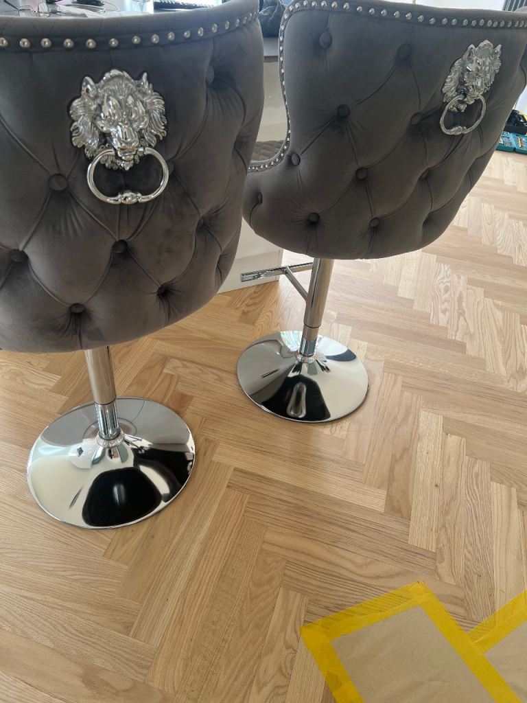 Pair of Grey Velvet Bar Stools with Lion Head Detail – Excellent Condition