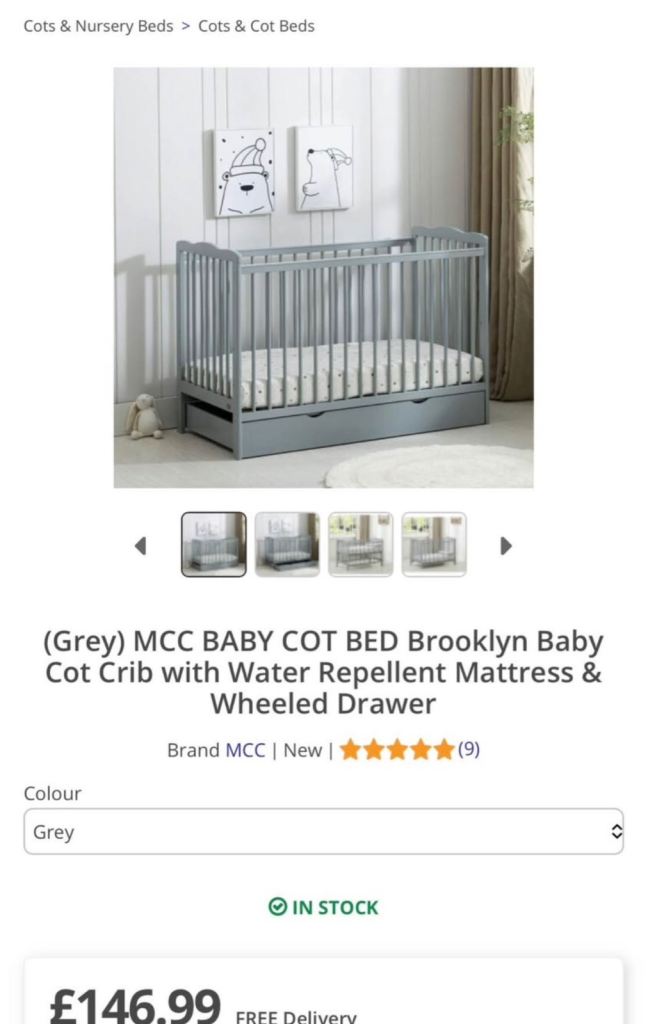 MCC BABY Brooklyn Cot Bed with Storage Drawer - Grey