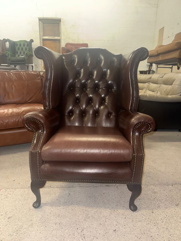 Chesterfield brown real leather wingback chair
