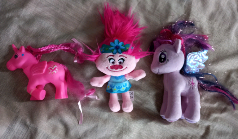 Toys selection - Pink pony, Trolls Poppy, and unicorn 
