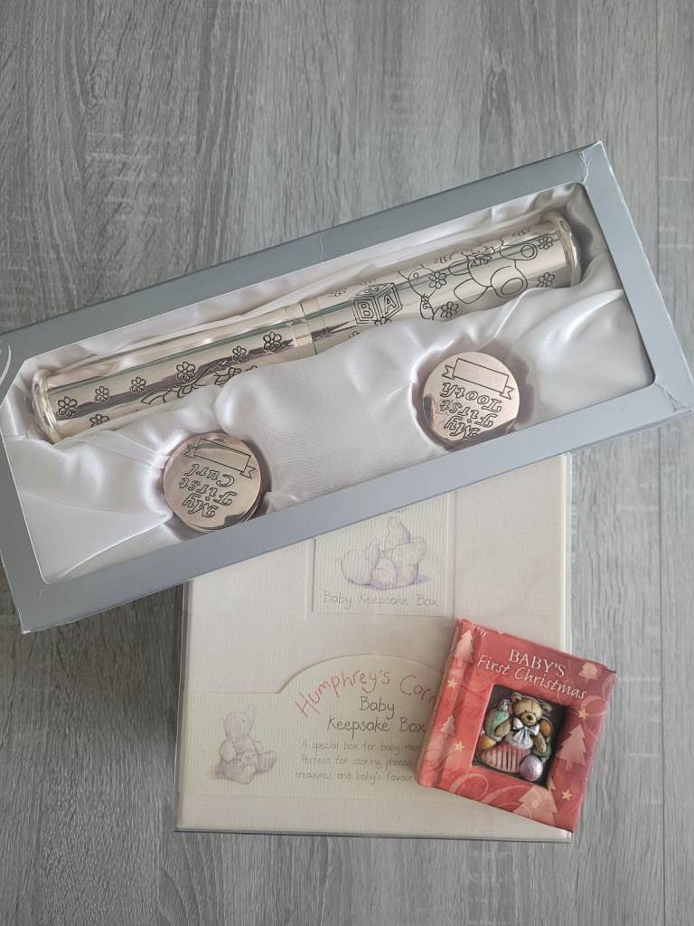 Baby/parent gift set - silver plated birth certificate holder, curl, tooth and Keepsake box