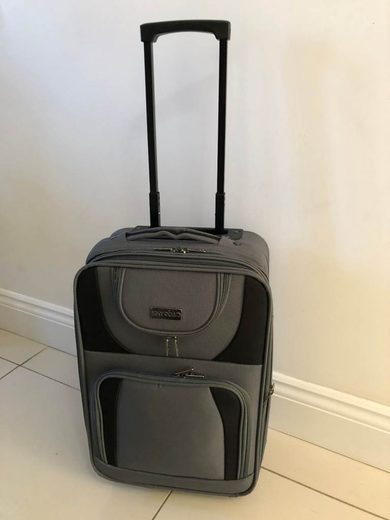 Cabin suitcase, soft fabric shell, grey and black. 