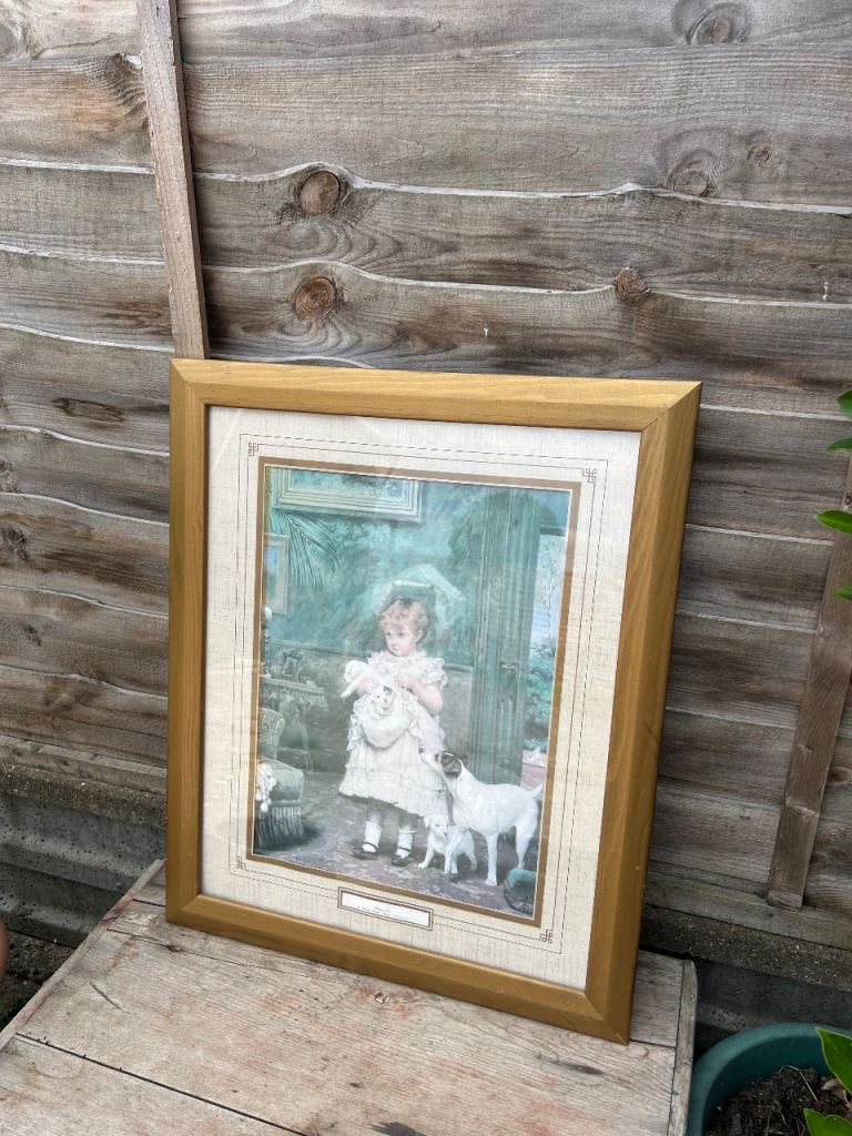 Charming Framed Print of Girl with Dogs – Good Condition