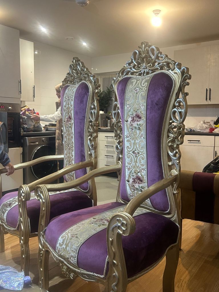 Pair of Ornate Gold & Purple Velvet Chairs – Good Condition