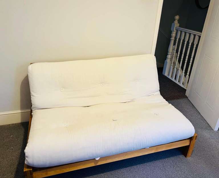Wooden Futon Company Sofa Bed with White Mattress – Good Condition