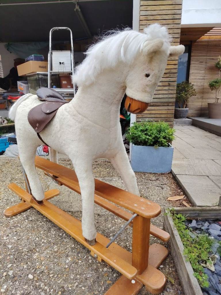 Large White/Cream Rocking Horse Toy with Brown Saddle
