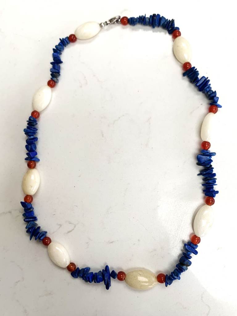 Handcrafted Gemstone Necklace, Lapis Lazuli, Carnelian and White Jasper Beads