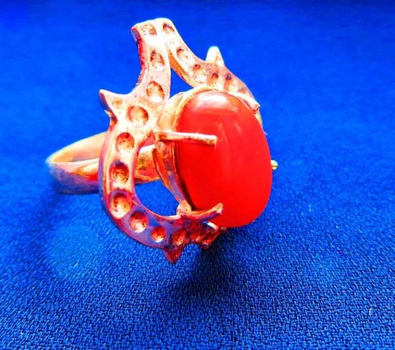 Lady's Unusual Red Coral Silver Overlay Ring, Engraved - Size 8.5
