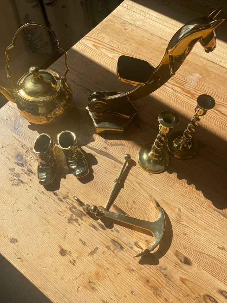 Brass Decorative Job Lot – Striking Horse Figure, Brass Boots, Candlesticks, Kettle & Anchor