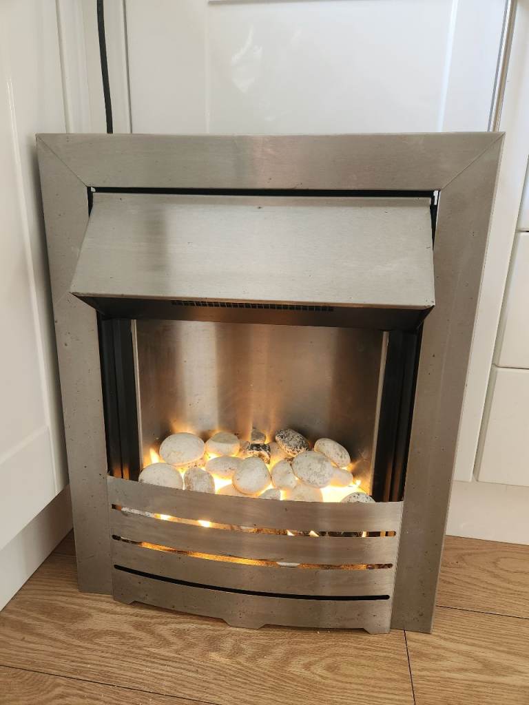 Adam Helios style brushed steel silver 1920W electric fire inset with back light and stones / coals