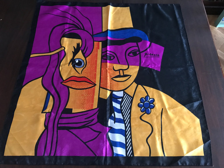 Large Colourful Vintage Satin Scarf, Abstract Cubist Picasso Portrait