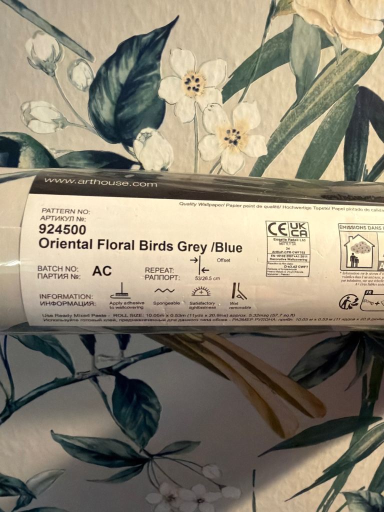 1x roll Arthouse Oriental Floral Birds Grey/Blue Wallpaper – New Roll