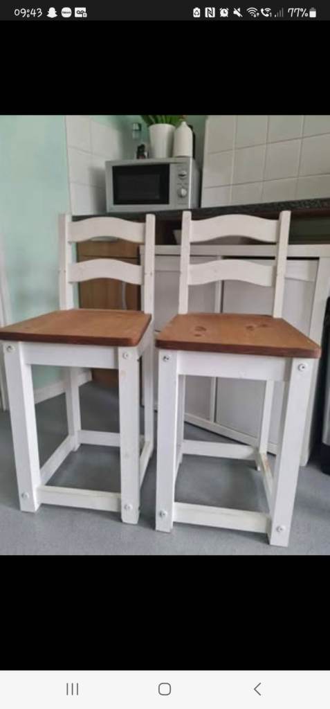 2x shabby chic  breakfast bar stools solid wood with dunelm cushions 
