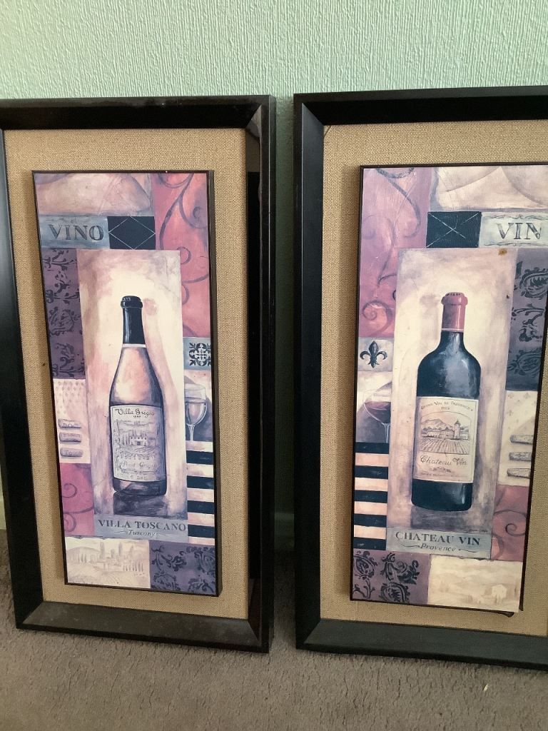 2 framed wine bottle pictures  13x 25 inches