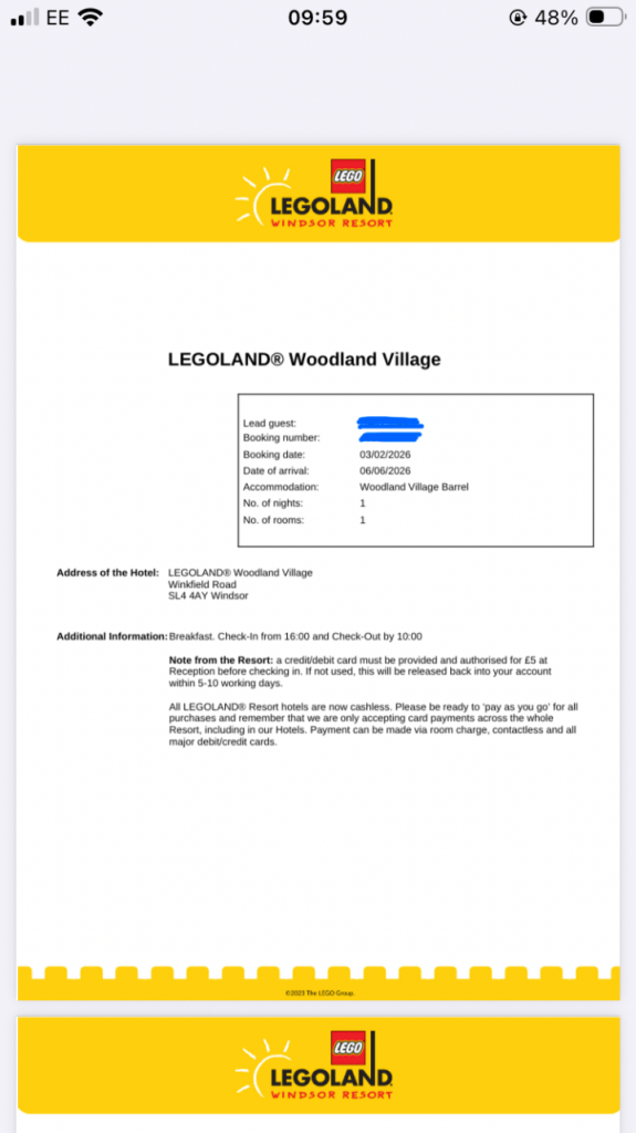 Legoland Woodland Village Holiday Voucher – 1 Night Stay 6th June