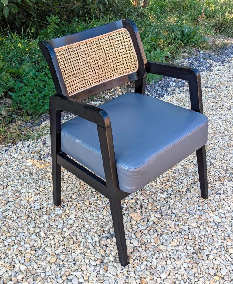 Pair Rattan Back Black Carver Dining Chairs - Occasional Armchairs Cafe Chairs