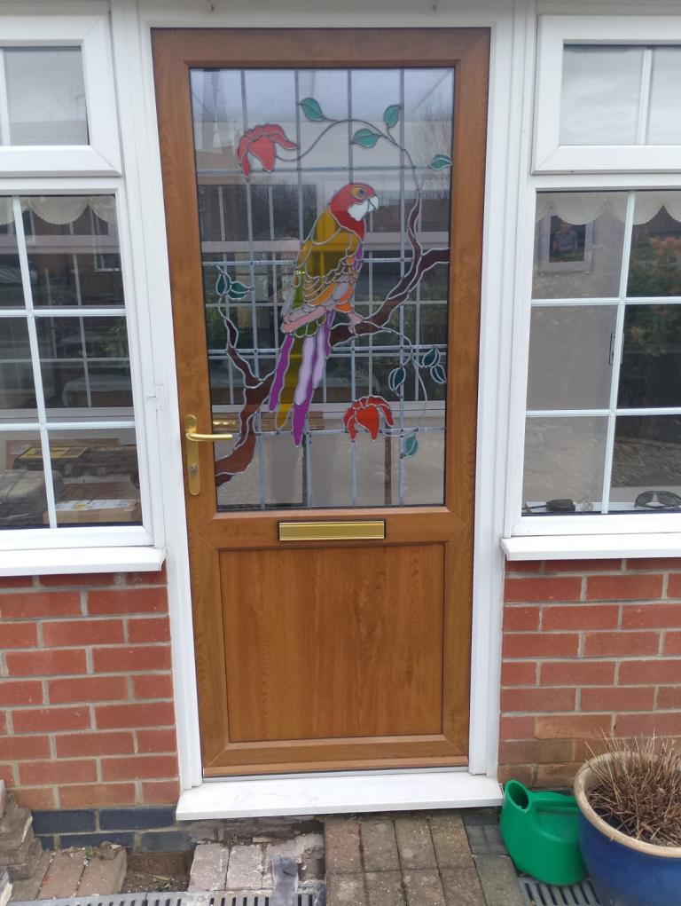Wooden affect glass panel parrot front door 