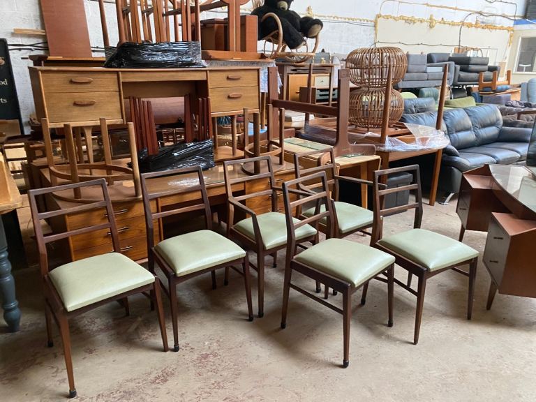 1960s Richard Hornby For Heals Fyne Ladye Afromosia/Vinyl Chairs, Set of 6 ,Inc Two Carver Style ,