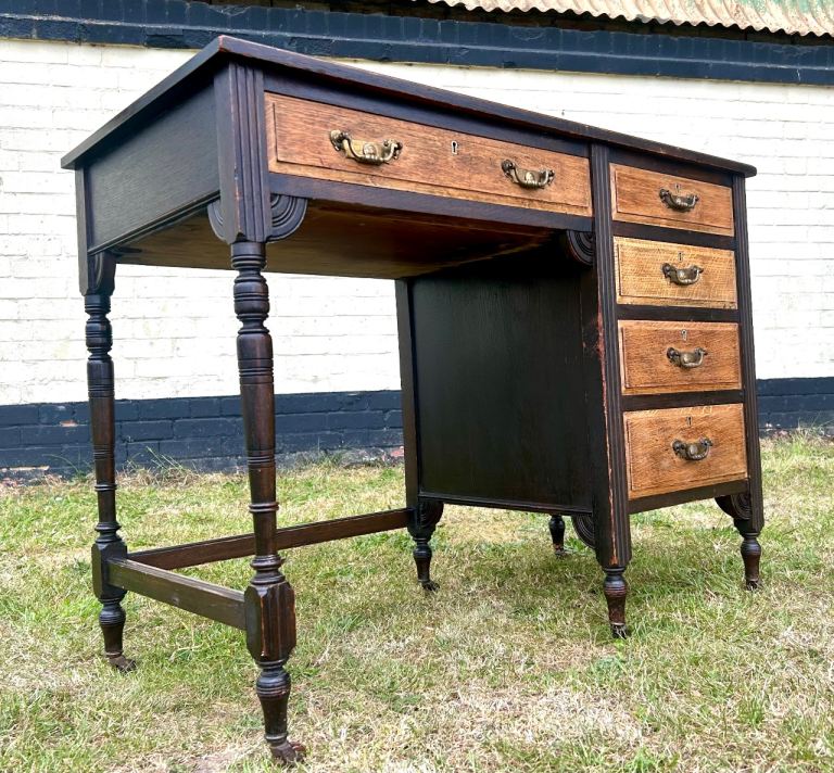Victorian aesthetic movement antique oak desk cabinet vintage office leather wooden table crocodile