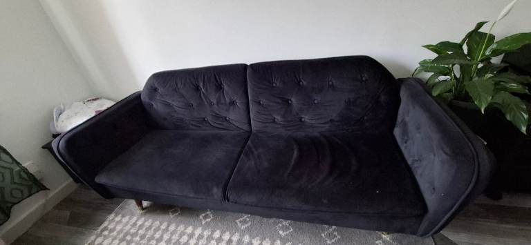 Black Velvet Two-Seater Sofa – Good Condition