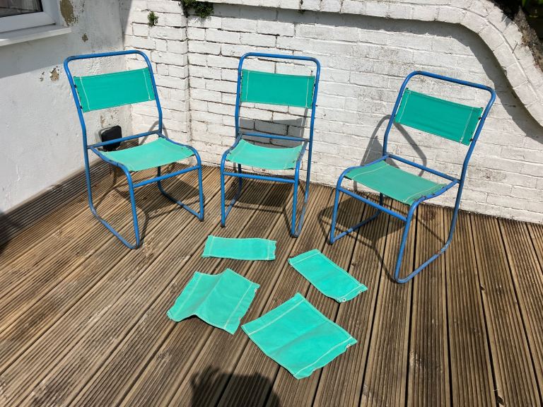 Vintage stacking steel canvas chairs industrial metal pel blue green garden cafe dining retro 1950s