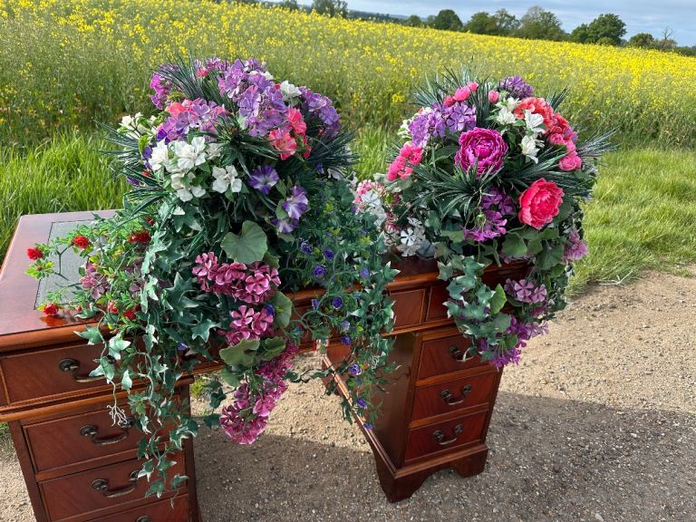 Large Hanging Artificial Flower Hanging  Baskets Pair 44cm Memorial Floral Garden Display