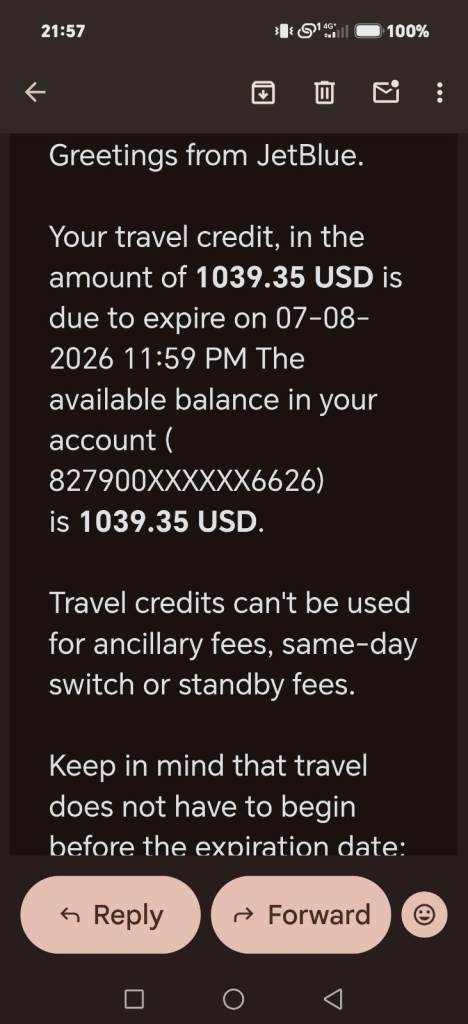 JetBlue Travel Credit - £777 (USD $1039.35) - Valid Until July 2026