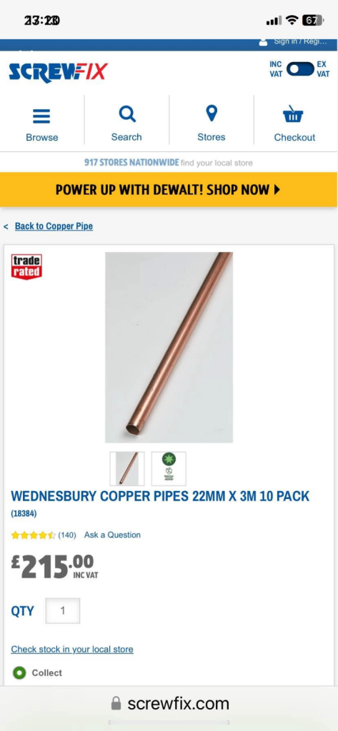 Copper pipe 22mm 10 x 3m 