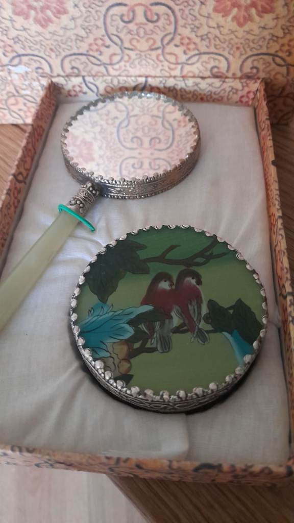 Vintage Japanese Mirror with Jade Handle and Trinket Box