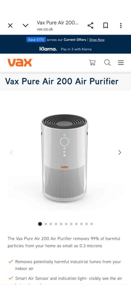 Vax Pure Air 200 Air Purifier – Good Condition