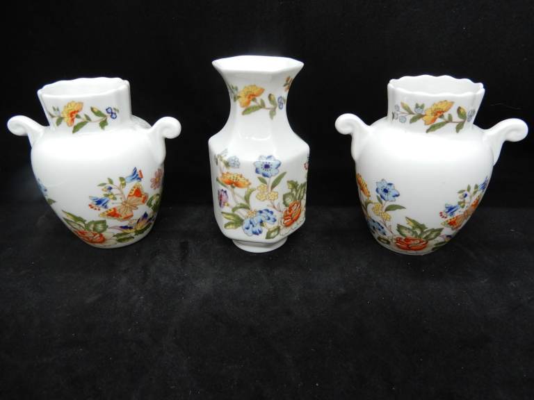3 vintage Aynsley  Cottage Garden fine bone china miniature vases - 