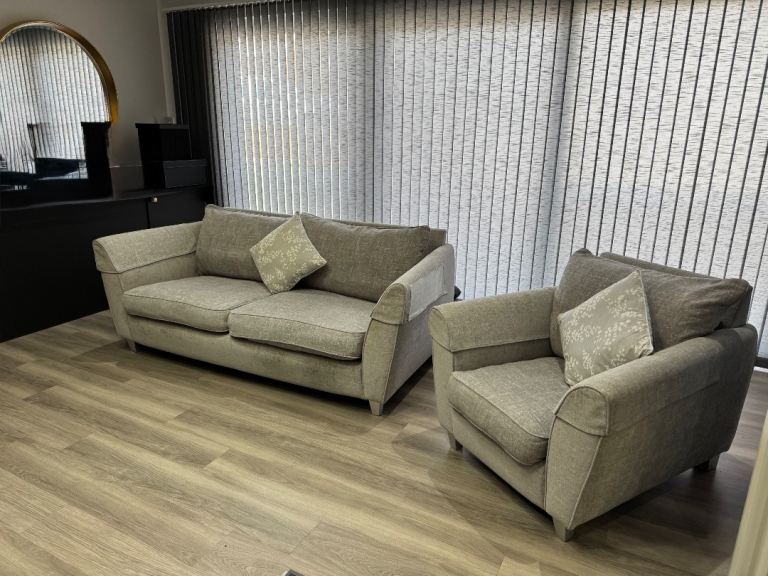 Collins & Hayes Grey Fabric Sofa & Matching  Armchair 