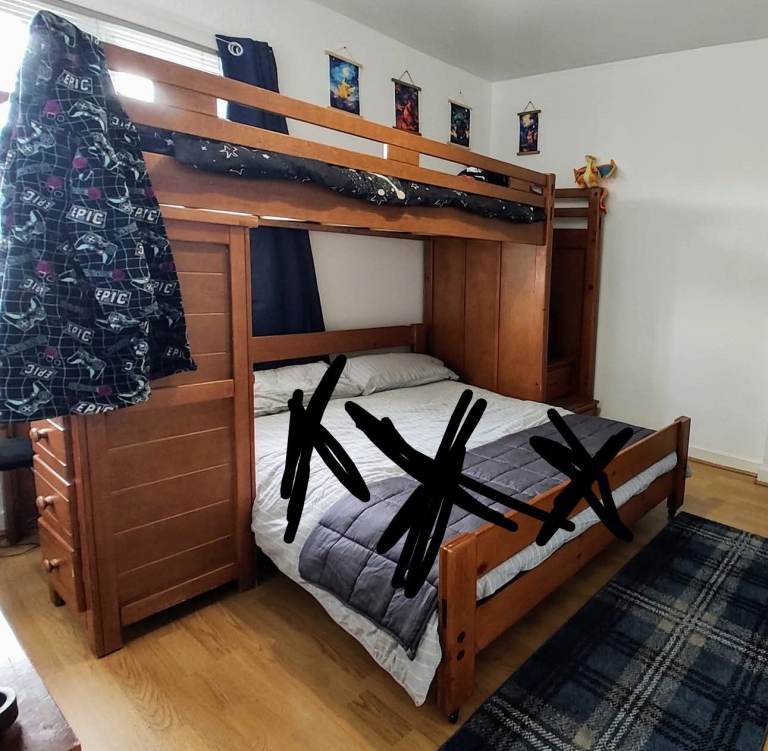 Sturdy Wooden Bed with Built-in Storage & Desk – Good Condition