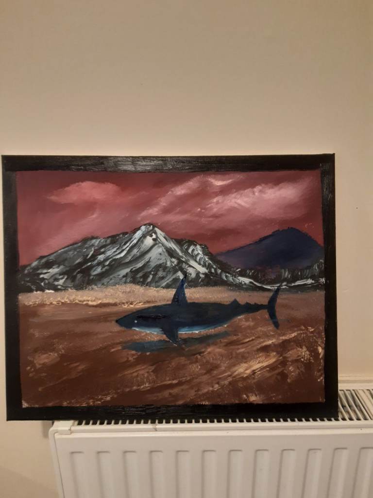 Shark and Mountain Painting in Black Frame – Good Condition,original painting 