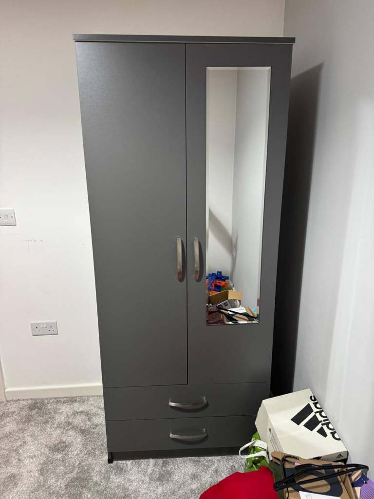 Grey Double Wardrobe with Mirror Door and Two Drawers