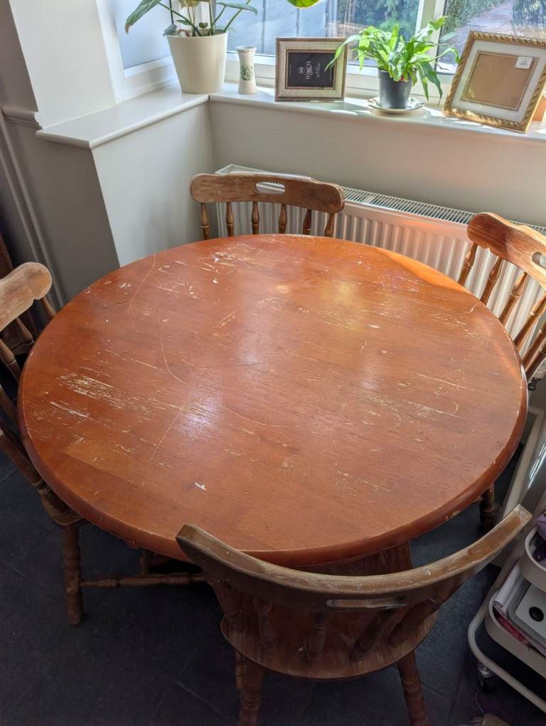 Round Wooden Dining Table with 4 Chairs – Fair Condition