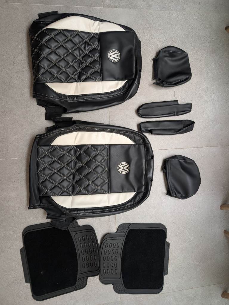 VW-style car seat covers set, black & cream, diamond stitch, with floor mats