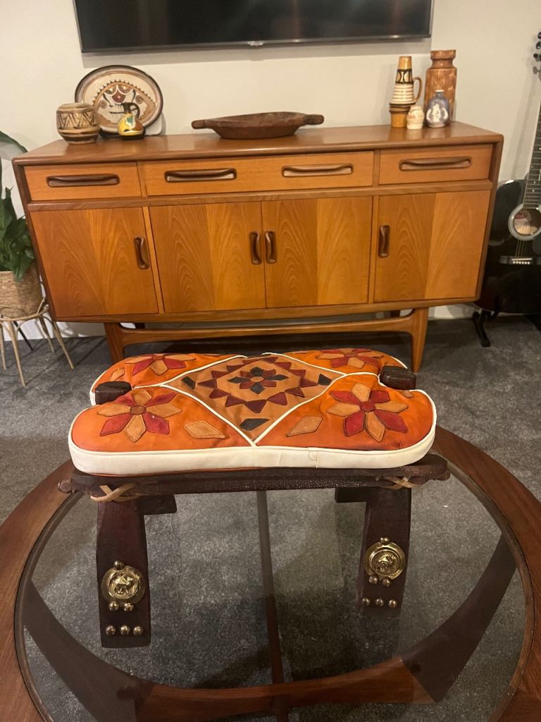 Vintage Leather Footstool Camel Saddle Mid Century Retro 70s 60s 