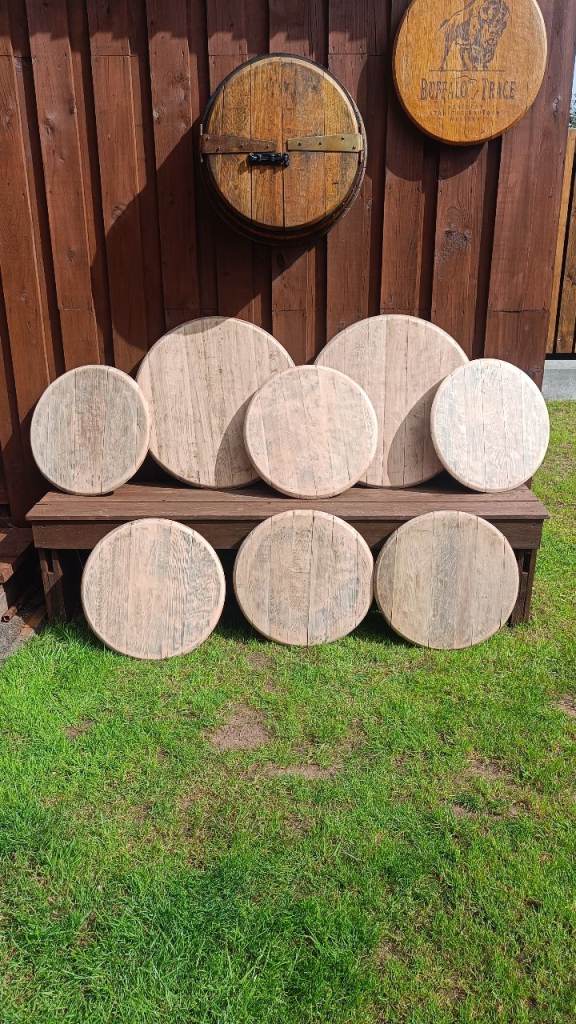 Oak barrel lids sanded and cleaned have support on the back. £25 each. Dimensions  Diameter 53 cm.