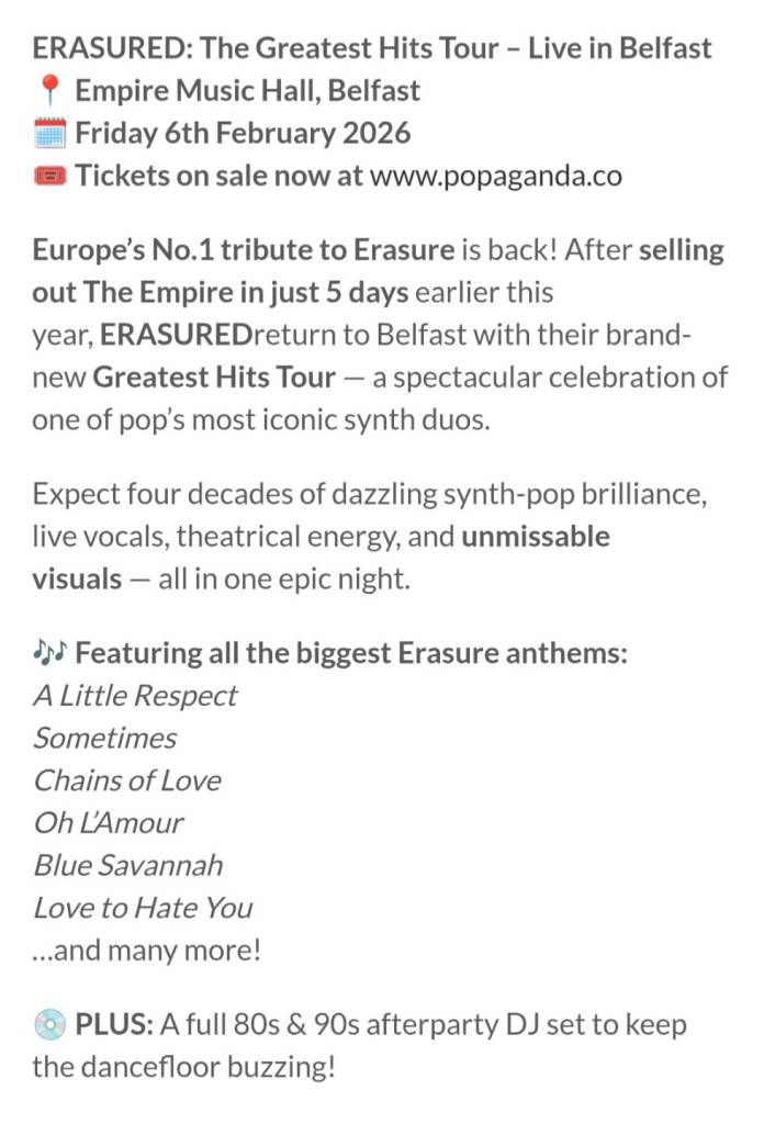 Erasured Concert (Erasure Tribute) Empire Hall Frid 6th Feb 