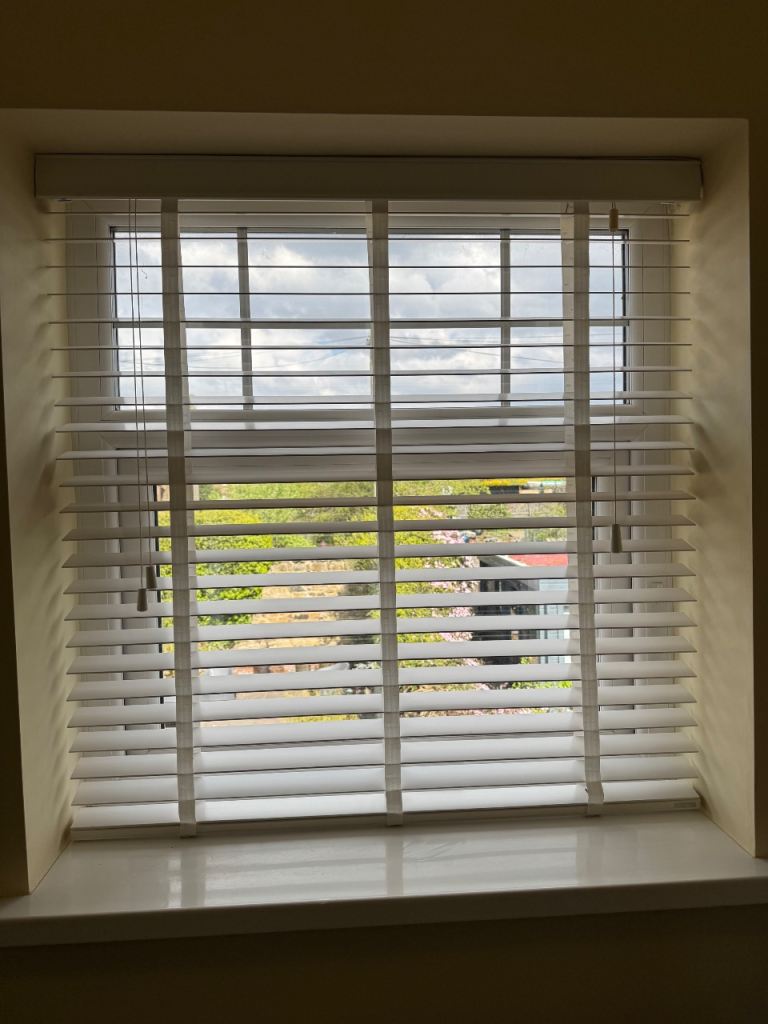 White smooth wood blind 101cm wide 105cm drop