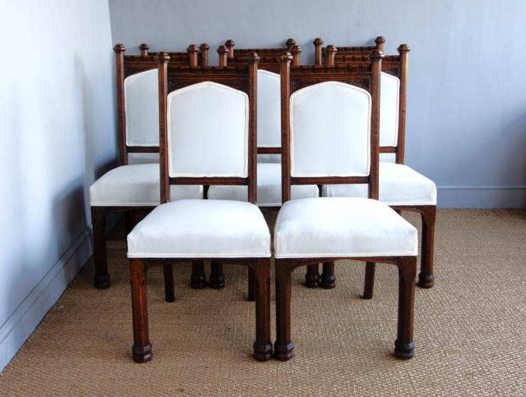 Dining Chairs – Set of 6 Fine Antique Carved Oak, Upholstered, Norwich Made Chairs