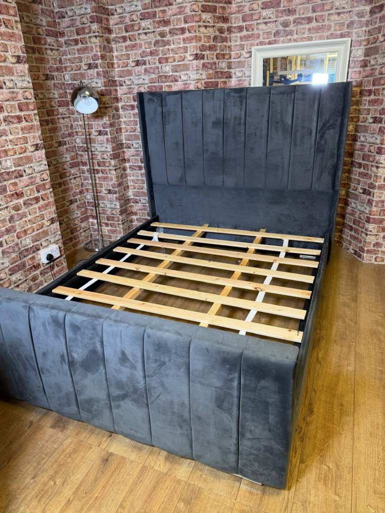 Grey Velvet Double Bed Frame (with mattress)