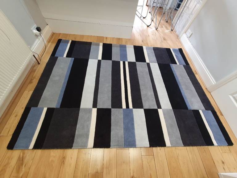 Handmade, Thick, Blue/Grey/Cream/Black Living Room Rug 160cm x 230cm
