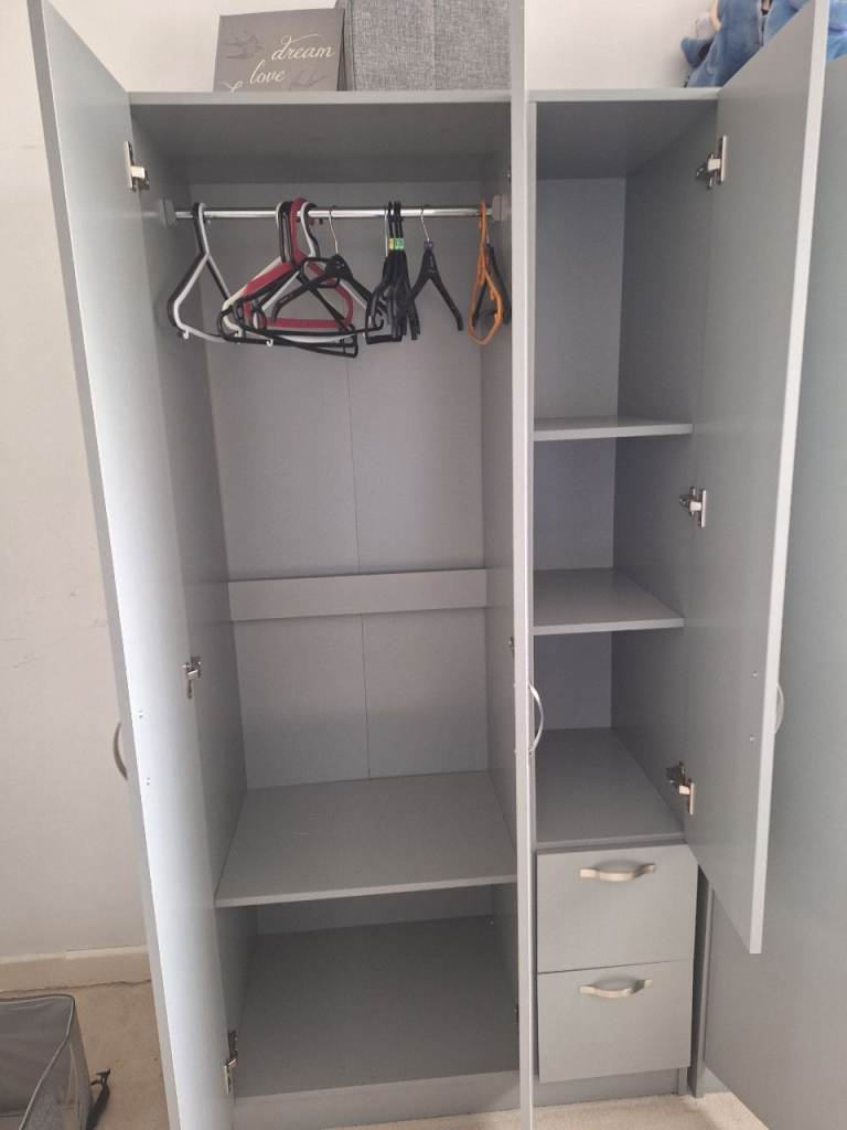  2 x Grey Wardrobes with Shelves and Drawers – Good Condition