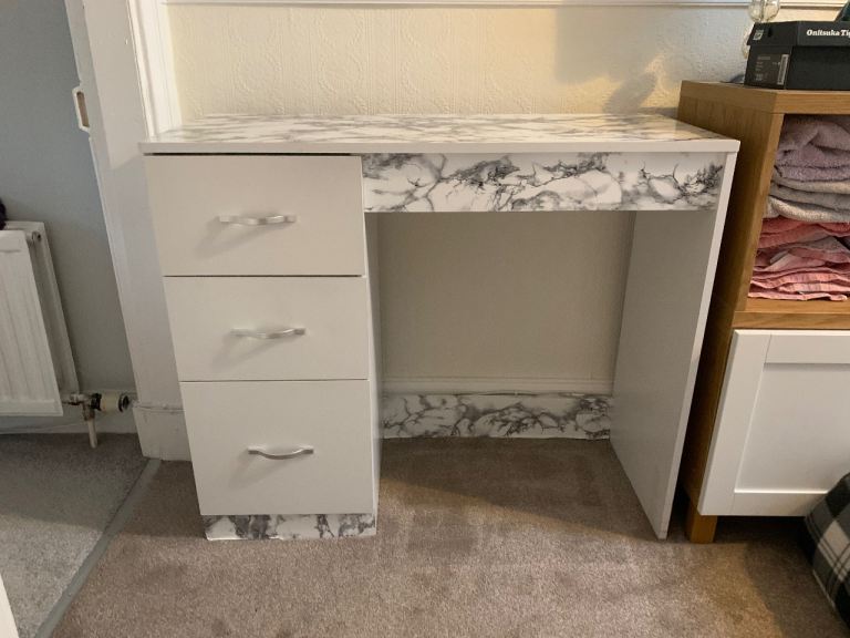 White Wooden Dressing Table with Marble Effect Top and Drawers
