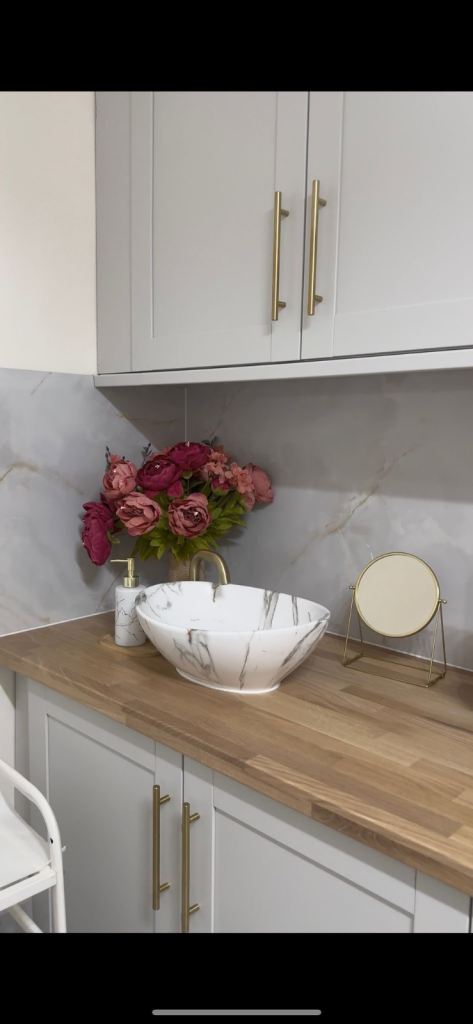Howdens Witney Dove Grey Kitchen Cabinets + 5 Larder Units + Oak Worktops + Sinks 