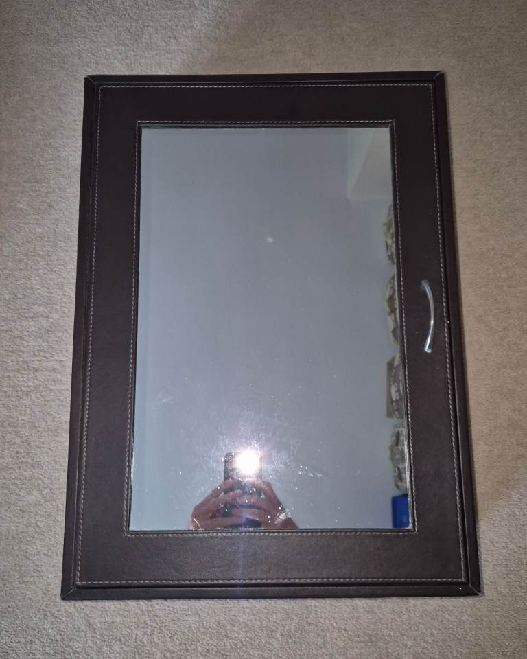 Brown Faux Leather Mirrored Bathroom Cabinet with 2 Shelves for Storage