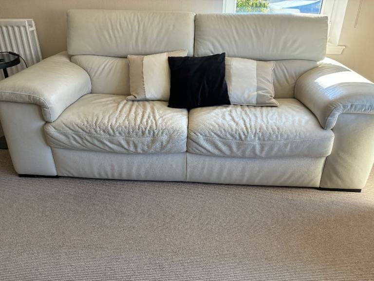 2* White Leather Sofas, together or separate, with side table and 2*Black/shades lamps